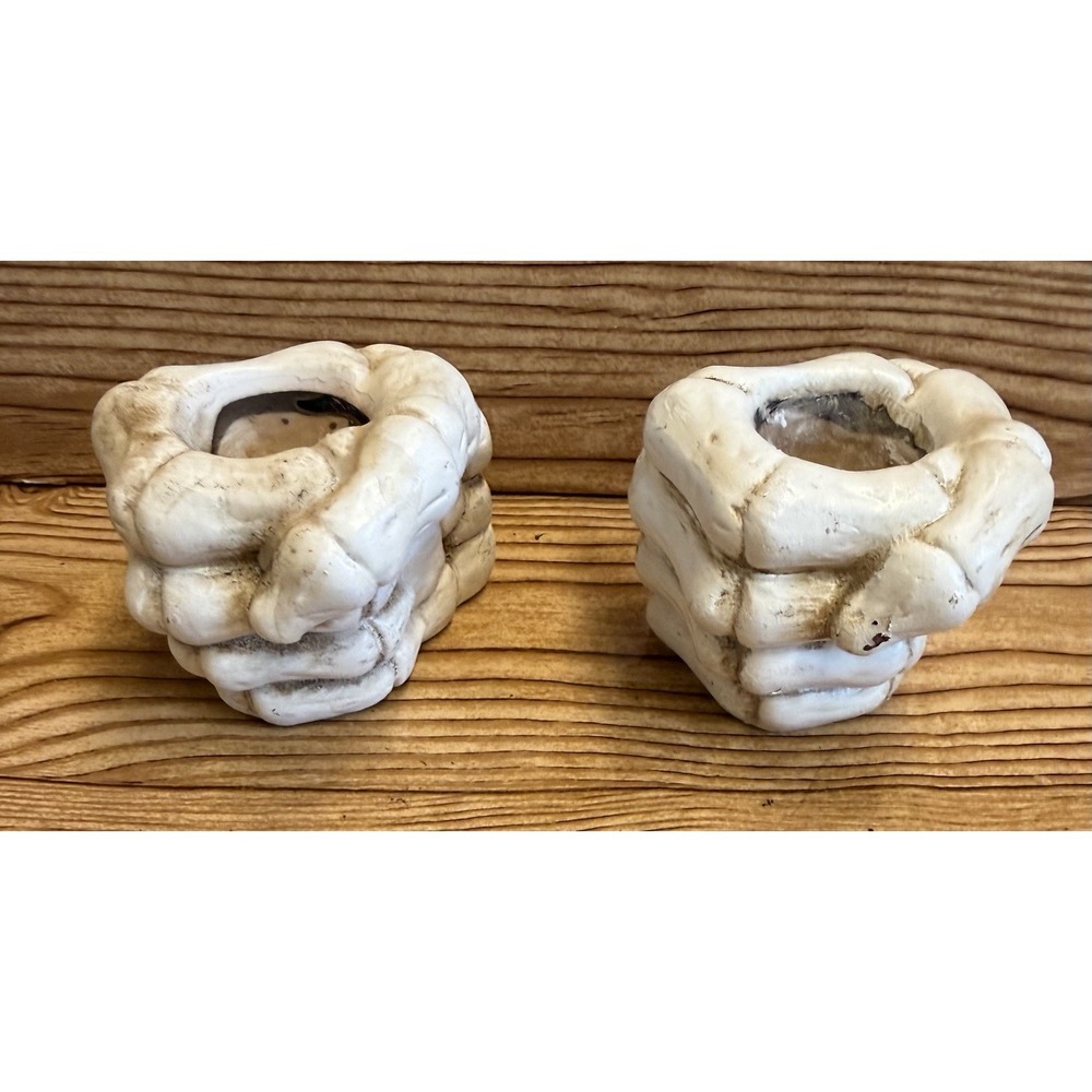 Lot Of 2 Skeleton Skull Resin Hand Fists Candle Holder Halloween Spooky Decor